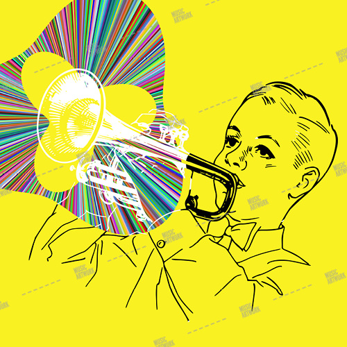 Music album artwork with a boy playing trumpet