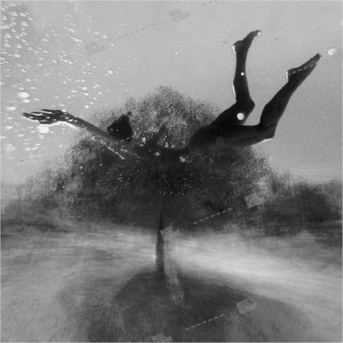 greyscale album art with a flying girl and water