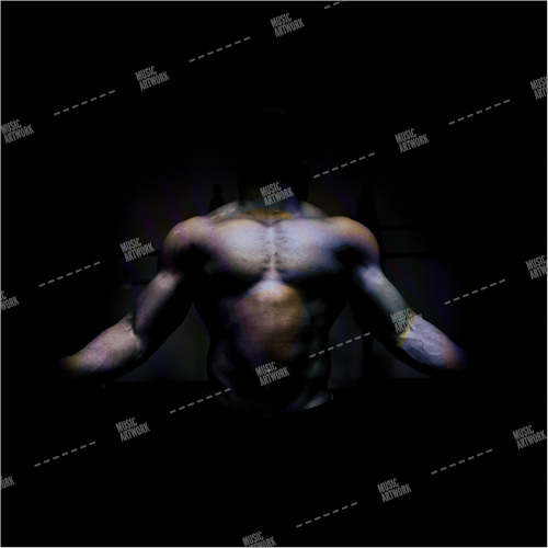 album artwork with muscle man on black background