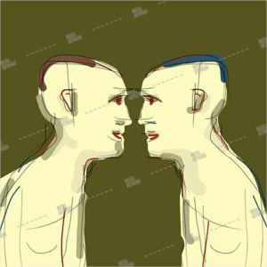 Artwork with two men looking each other