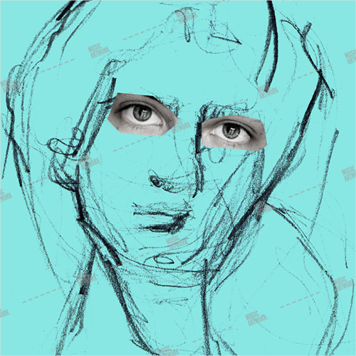 Album artwork design with sketch of a man with real eyes