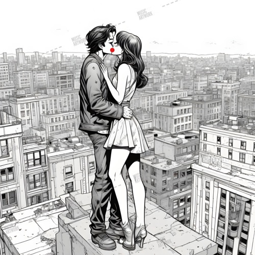 comic couple kissing on rooftop